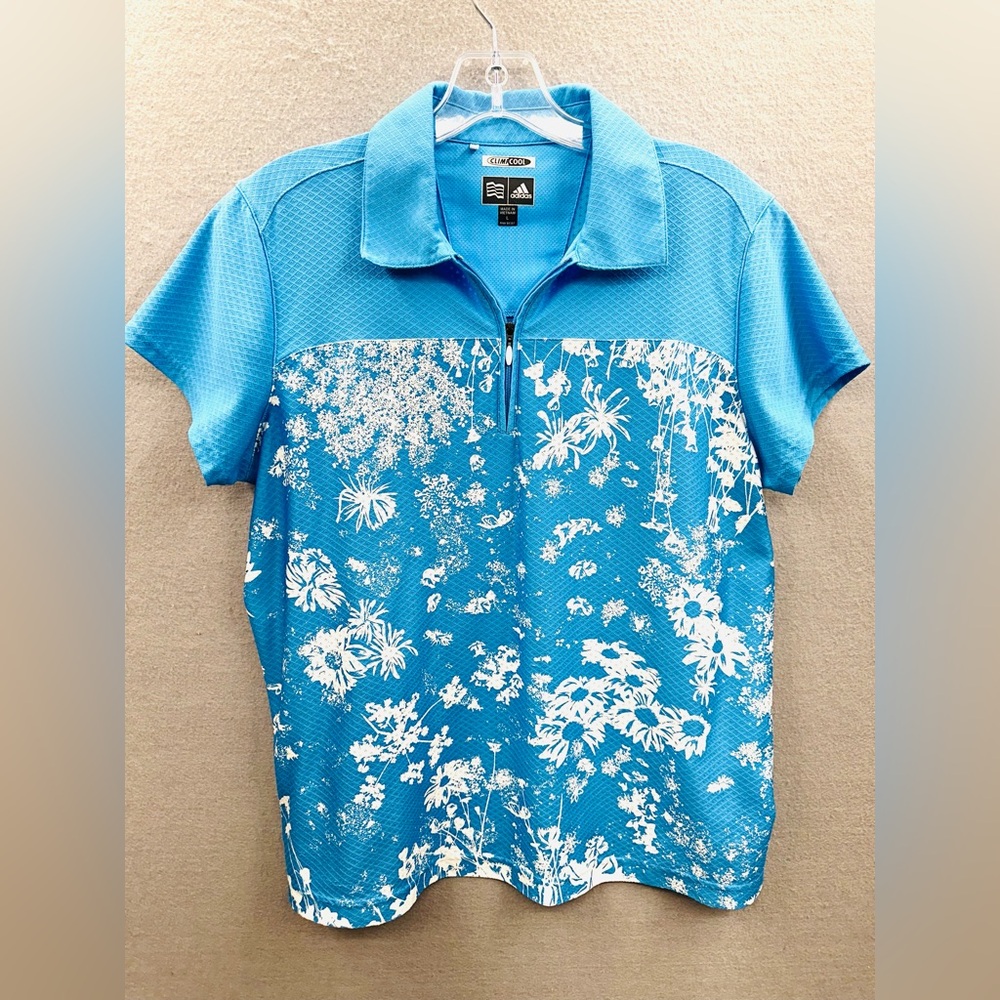 Adidas Women’s Golf Polo Top  Size L Blue/White  Floral  Breathable ClimaCool